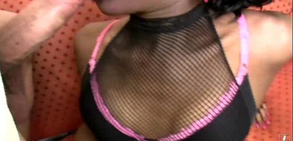  Naughty black tranny in lingerie is stroking her thick cock